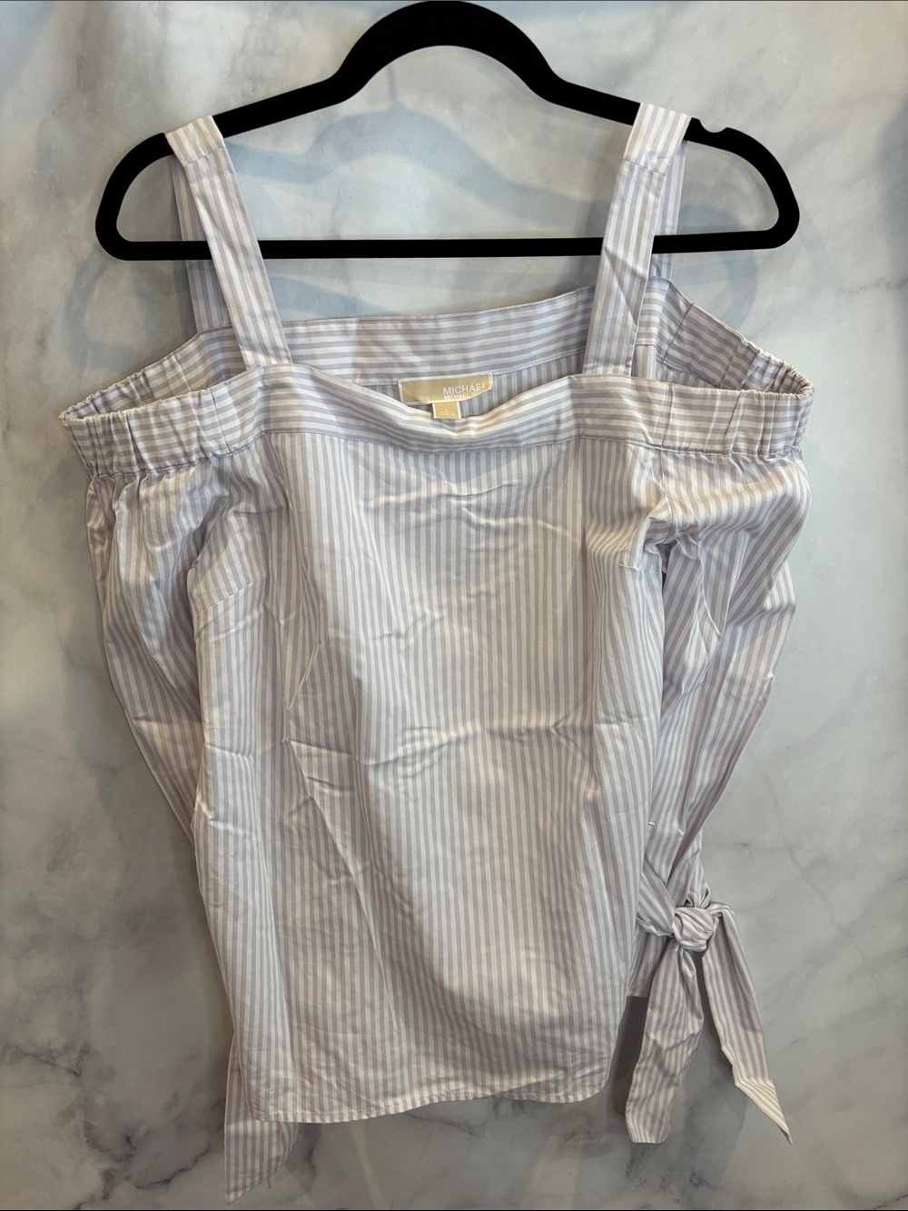 Michael Kors Pale Purple & White Striped Off-Shoulder Tie-Sleeve Top